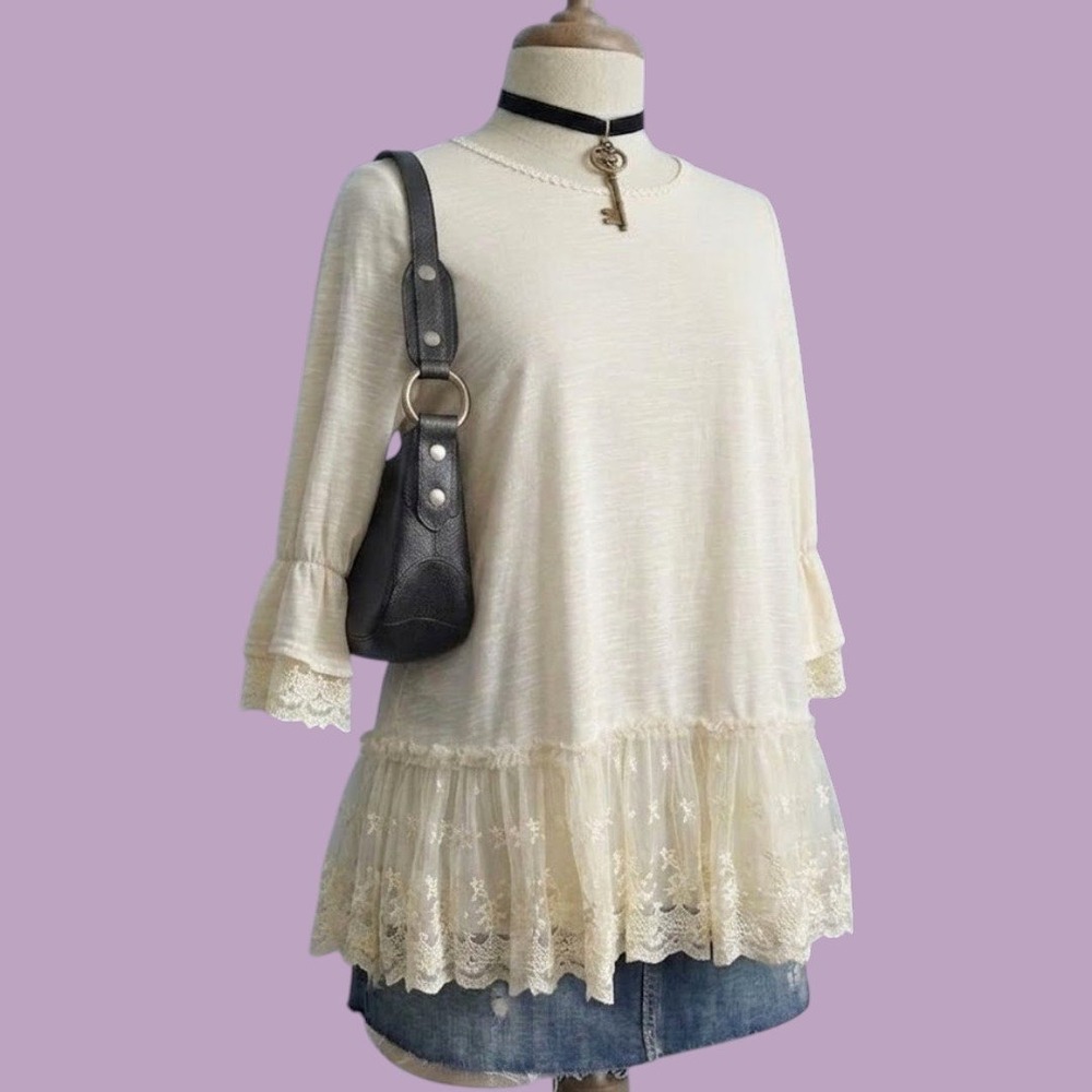Paisley Vine Cream Lace Tiered Tunic Top 2XL Bell Sleeve Boho Cottagecore